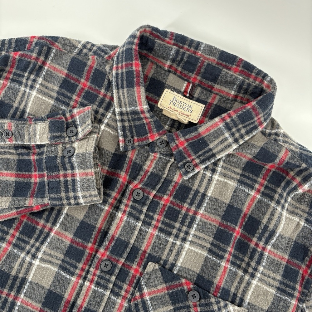 VINTAGE Boston Traders Flannel Shirt‎ Mens XL Green Grey Plaid Long Sleeve